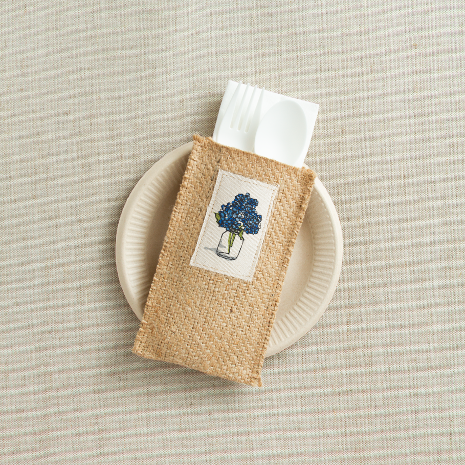 Place Setting Pouches with Hydrangea Patch, Set of 8