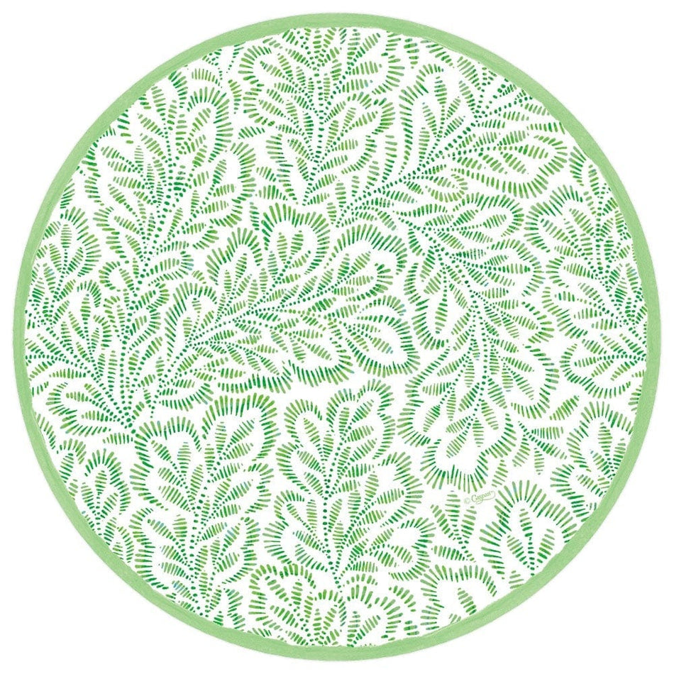 Caspari Block Print Leaves Round Paper Placemats in Green - 12 Per Package