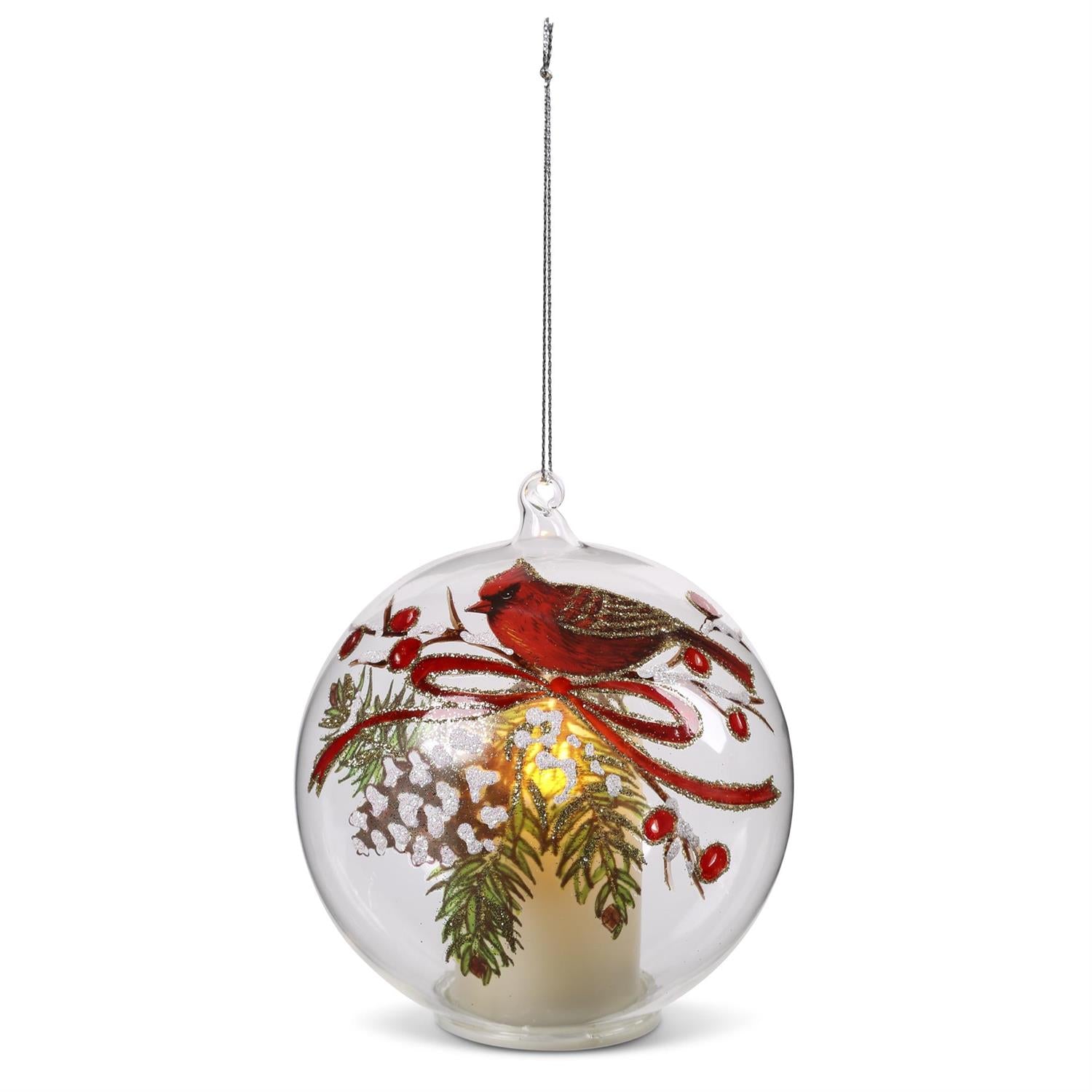 Cardinal & Pinecone Ornament LED w/timer