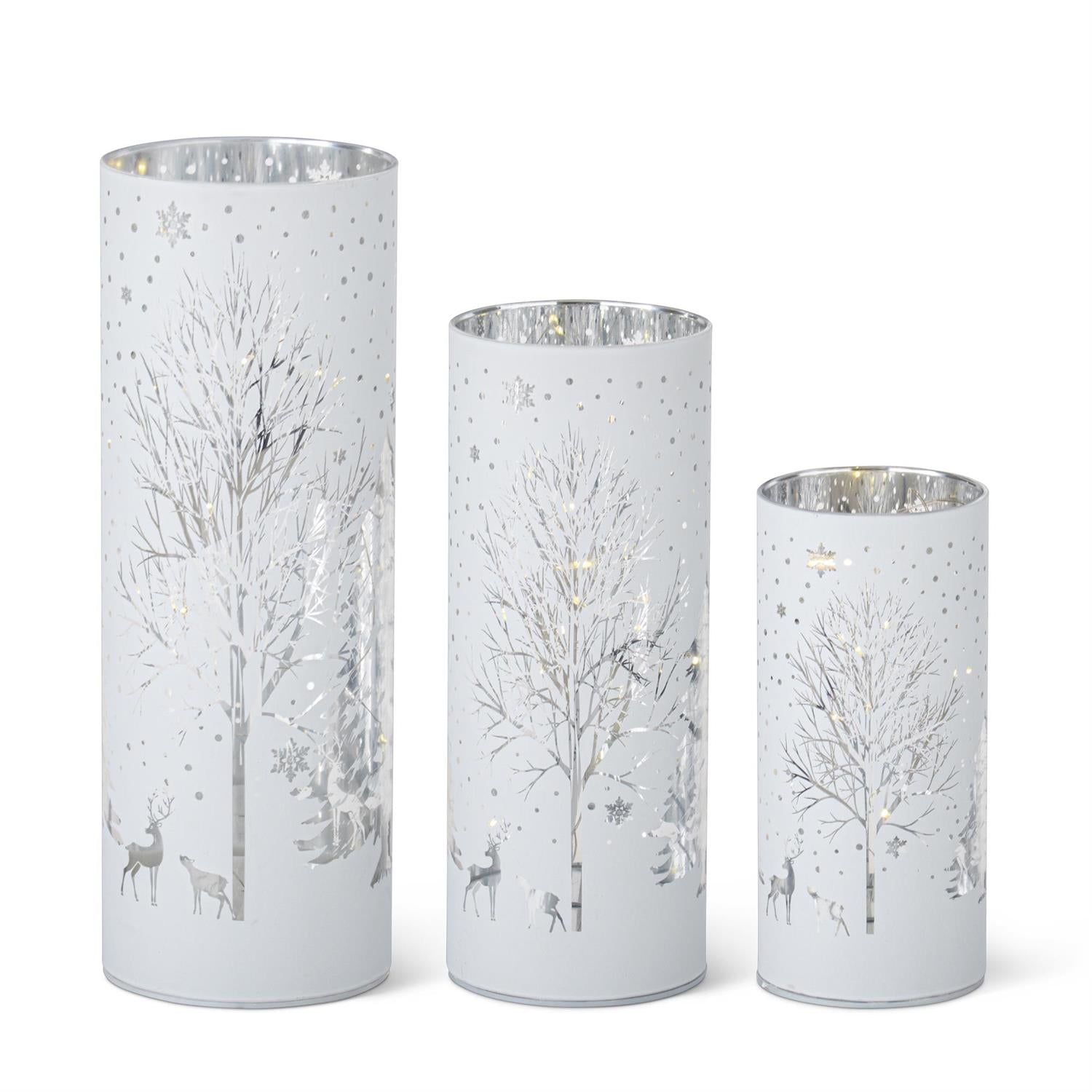Laser Engraved Light Up Winter Scene Cylinders, Set of Three