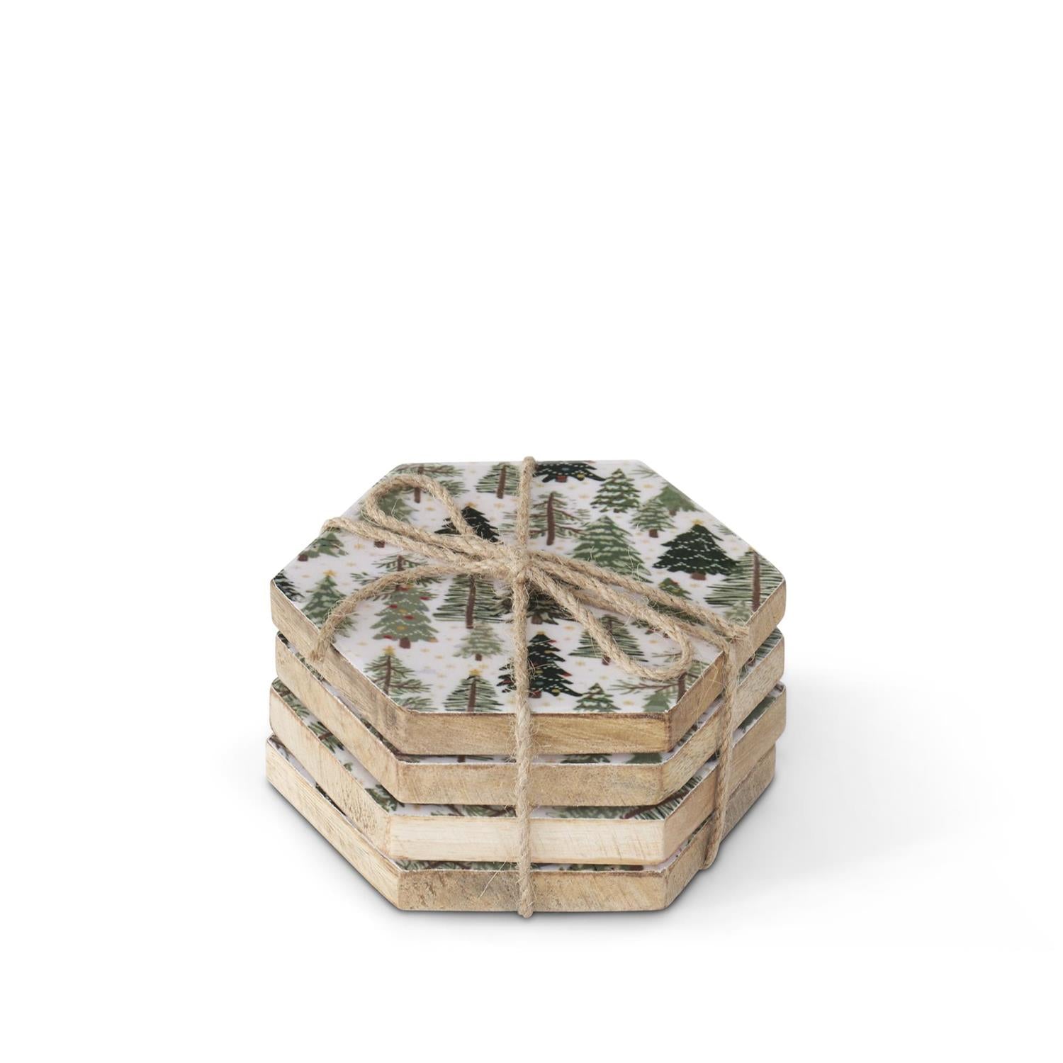 Christmas Trees Enameled Wood Coasters, Set of Four