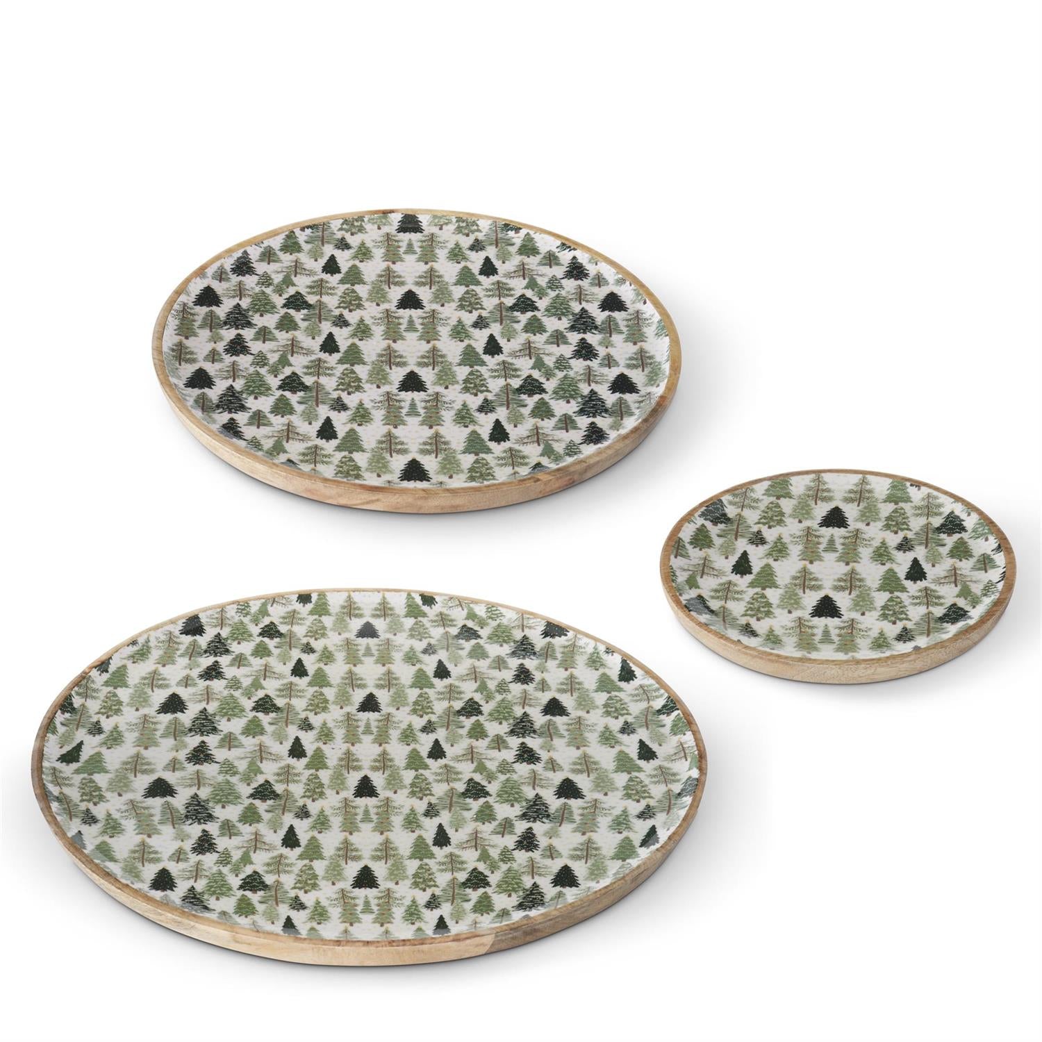 Christmas Trees Enameled Round Wood Tray Set of Three