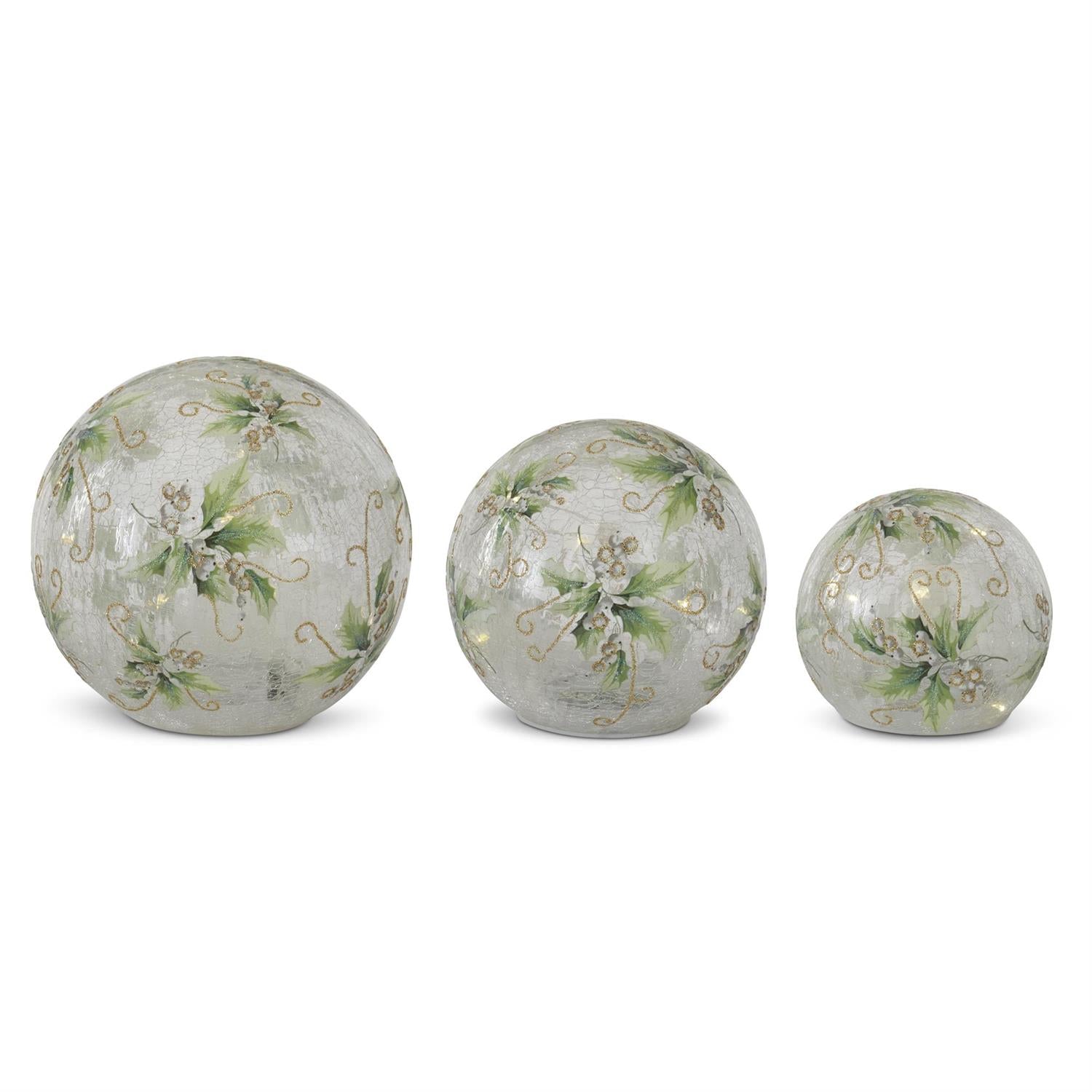 Holly & Snowflake LED Crackled Glass Tabletop Globes w/Timers