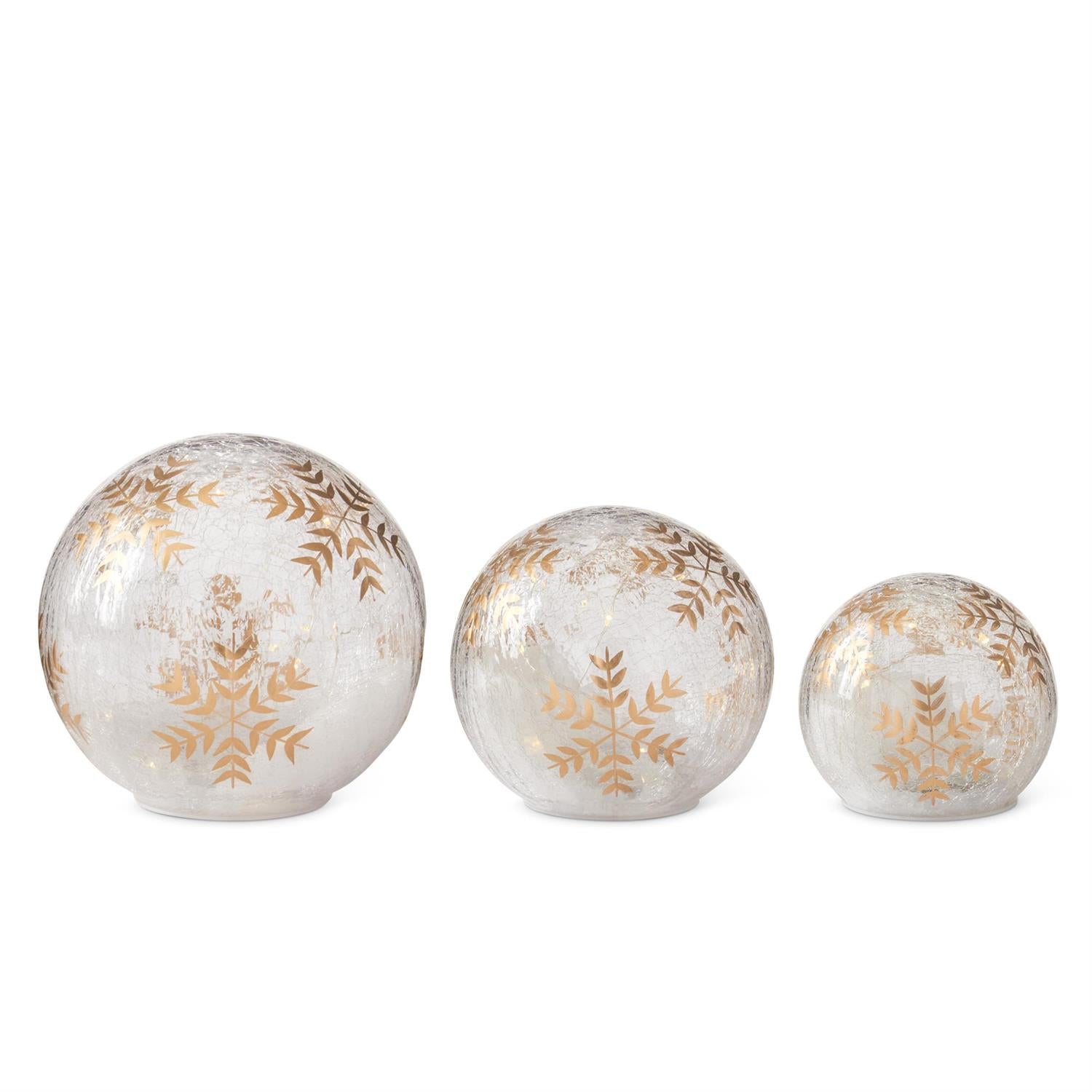 Hand Painted Gold Snowflake LED Crackled Glass Tabletop Globes w/Timers