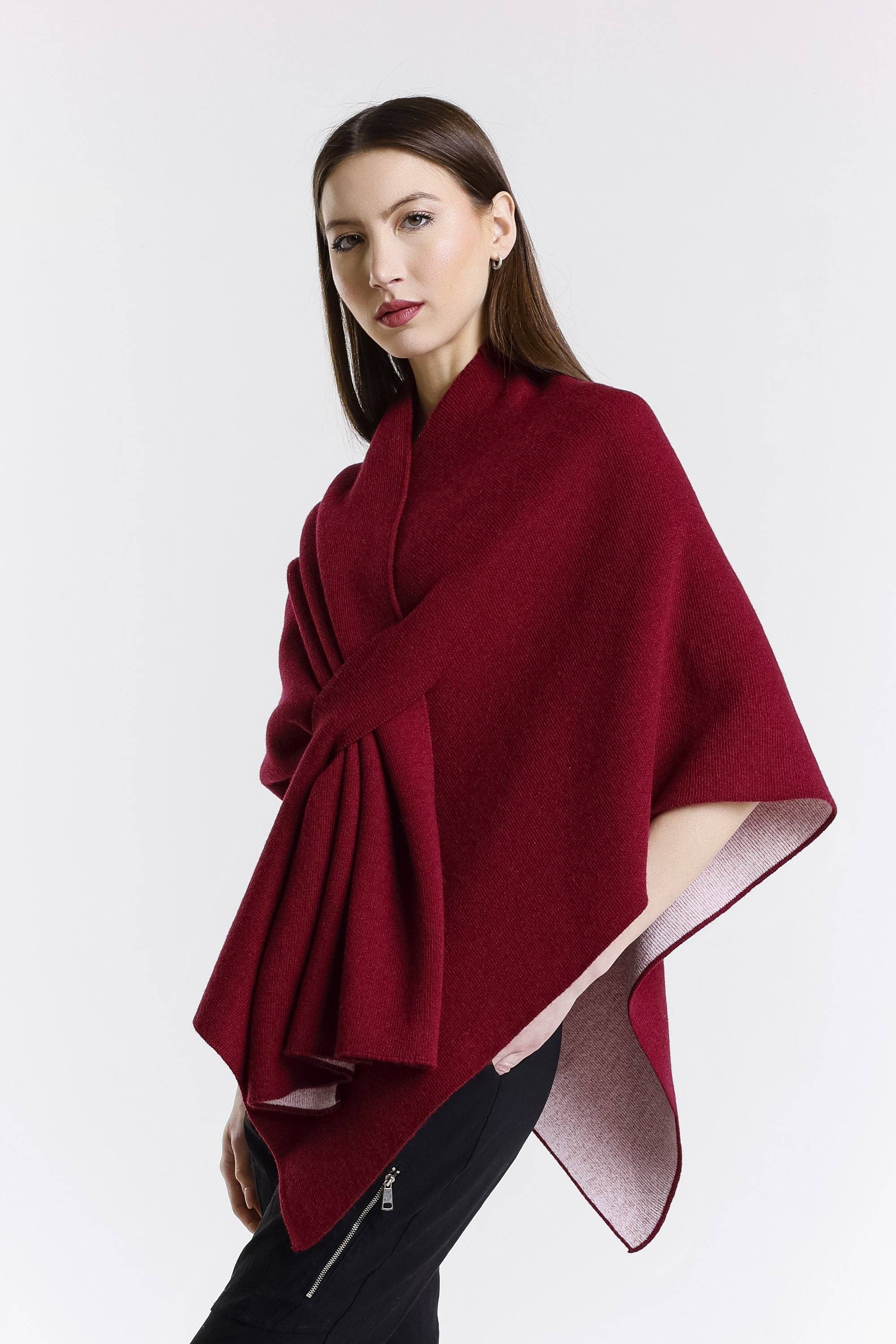 Ellen Merino/Cashmere Reversible Wrap with Loop Burgundy/Cream / One Size
