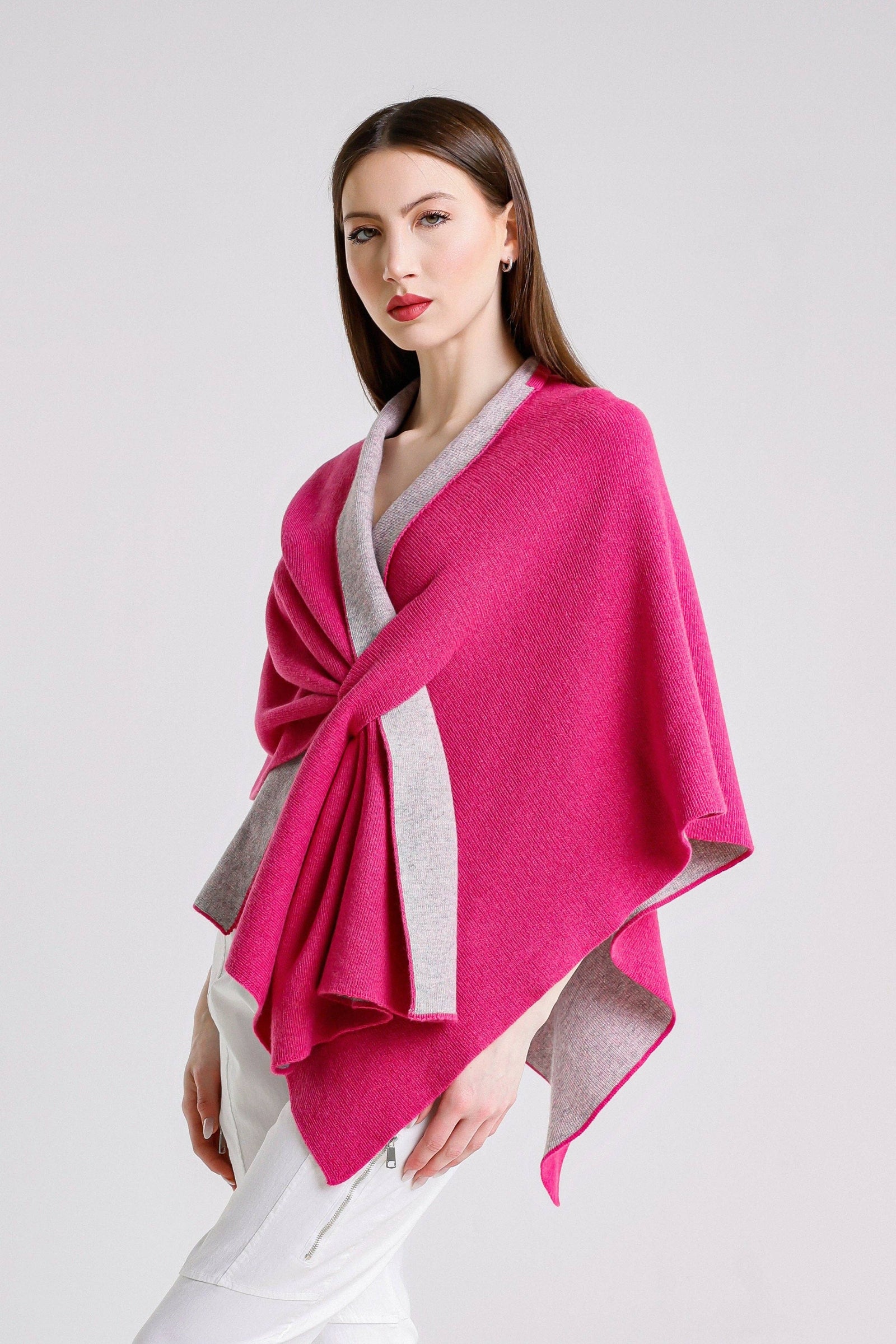 Ellen Merino/Cashmere Reversible Wrap with Loop Peony/Gray / One Size