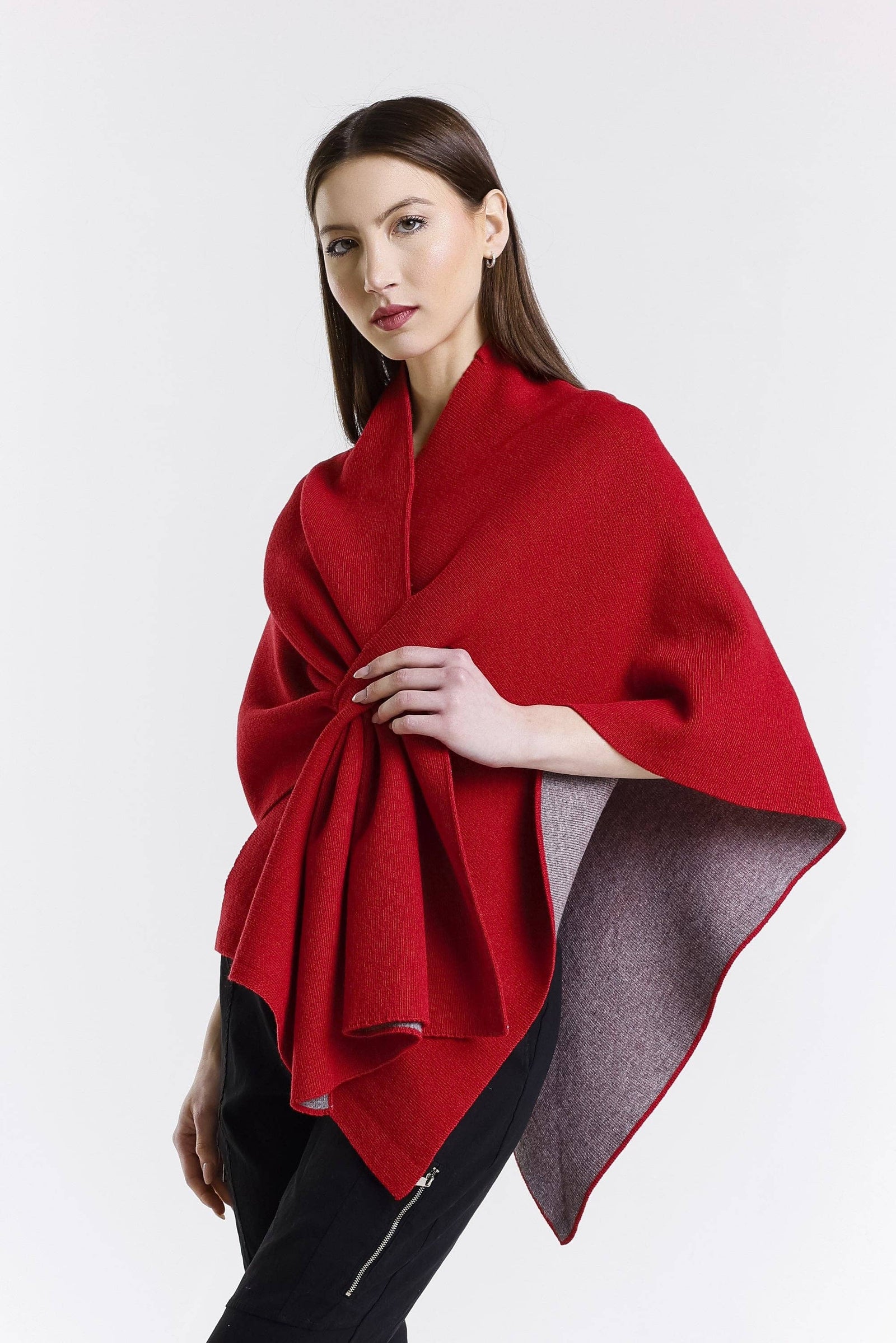 TINA Stephens Italy/Tees By Tina - Ellen Merino/Cashmere Reversible Wrap with Loop (W303): 632 Red/Gray / One Size