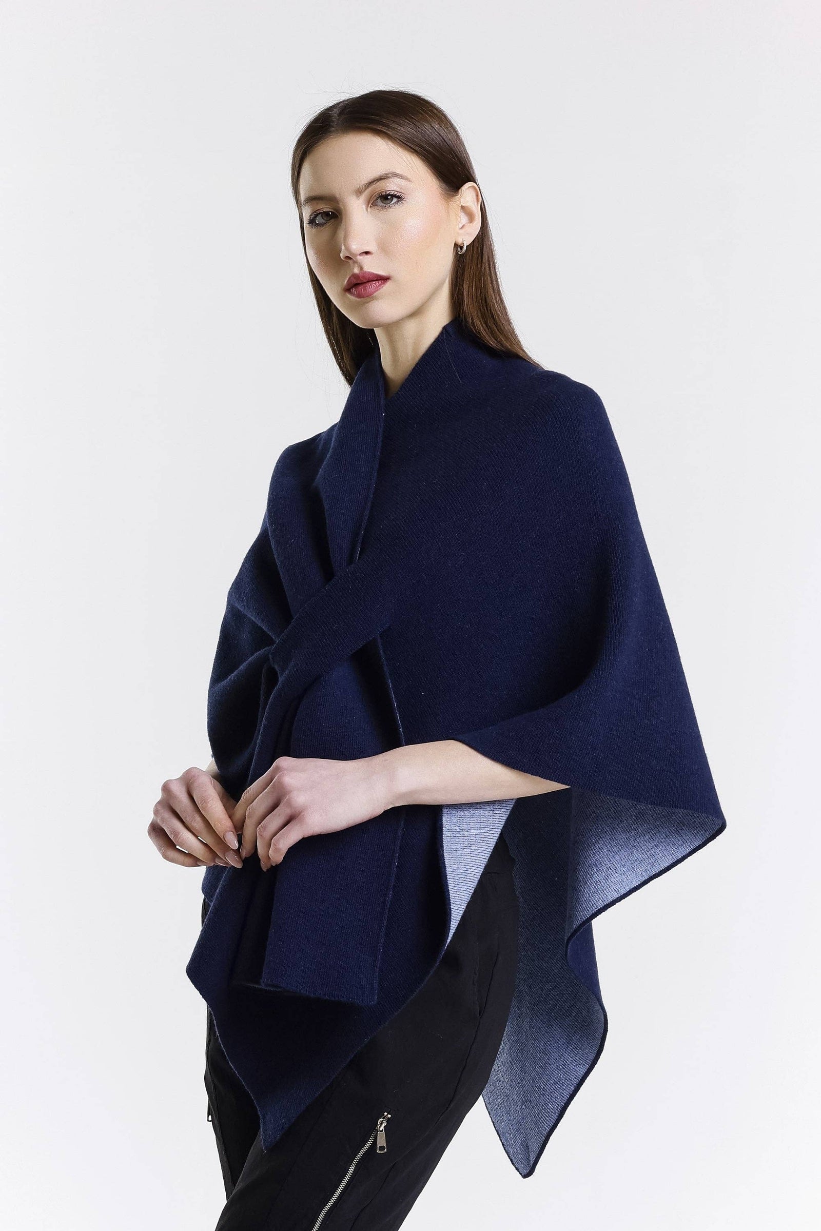 TINA Stephens Italy/Tees By Tina - Ellen Merino/Cashmere Reversible Wrap with Loop (W303): 419 Navy/Cornflower / One Size