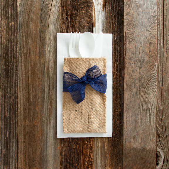 Place Setting Pouches with Navy Ribbon, Set of 8