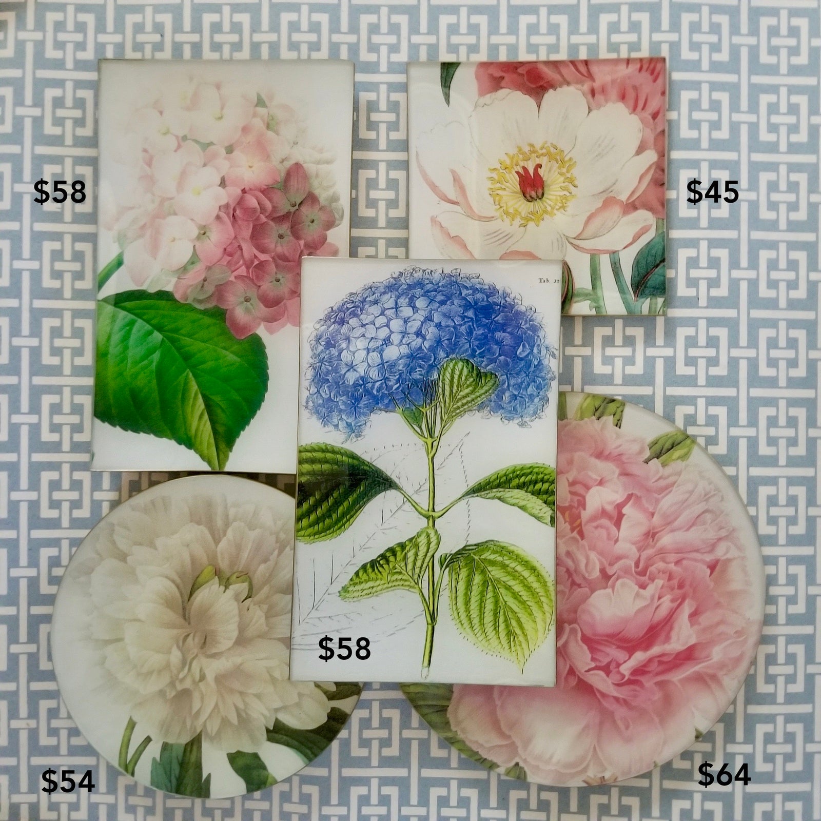 Botanical Glass Trays in Peony, Multiple Sizes