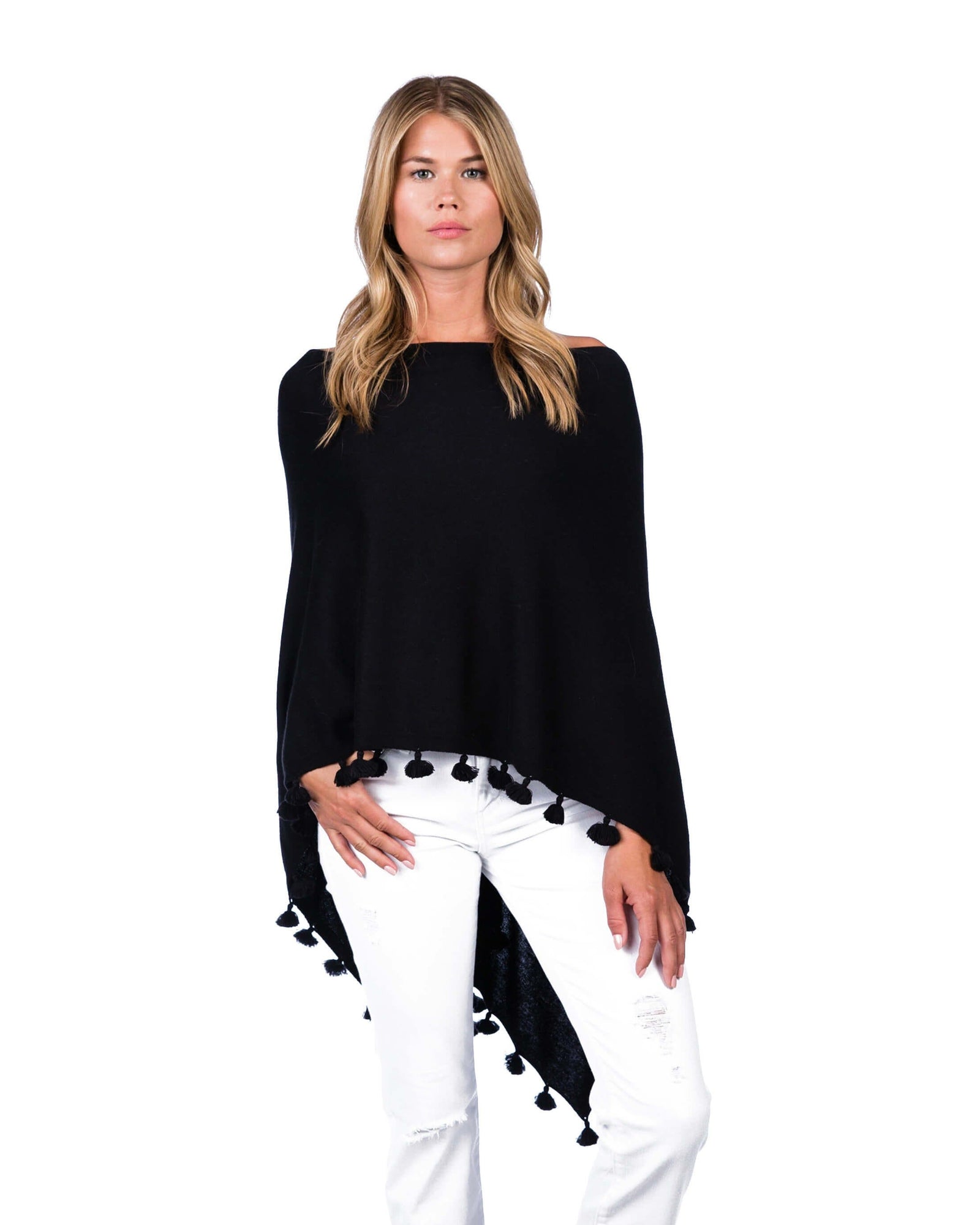 Cashmere Blend Tassel Trim Dress Topper Poncho